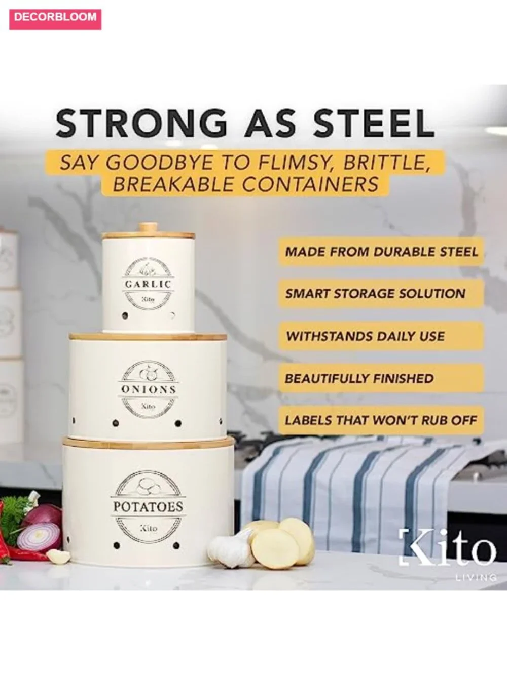 Stackable Steel Canisters with Wooden Bamboo Lids, Food Storage for Kitchen